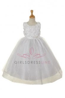 White Sleeveless Tulle Dress with Rolled Floral Bodice Flower Girl Dress